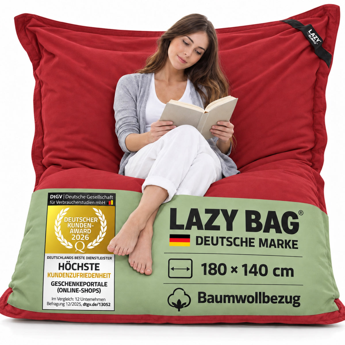 LazyBag XXL Baumwoll-Sitzsack Rot – 180 × 140 cm