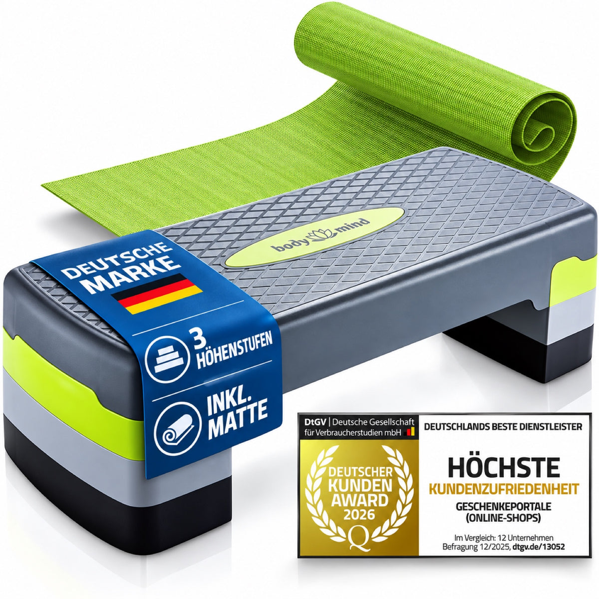 body&mind Stepper Elite mit grüner Matte – Deutsche Marke, 3 Höhenstufen, inkl. Matte