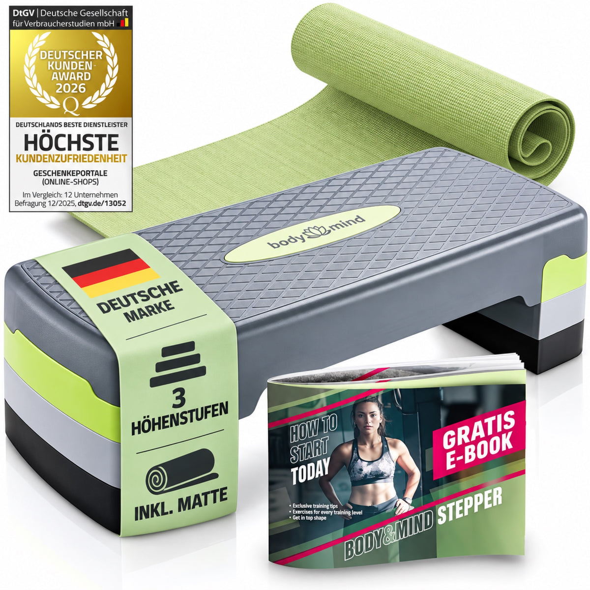 body&mind Stepper Elite mit heller Matte und Gratis-E-Book – Deutsche Marke, 3 Höhenstufen
