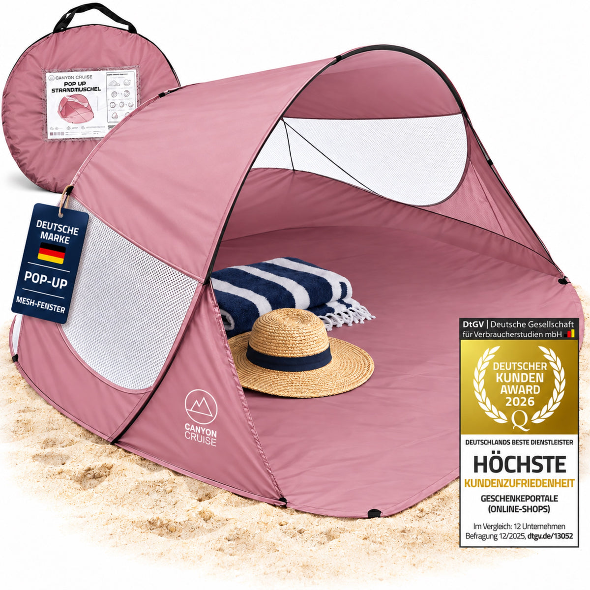Canyon Cruise Pop-up Strandmuschel Rosa mit Tragetasche – offene Frontansicht, Deutsche Marke und DtGV Kunden Award 2026