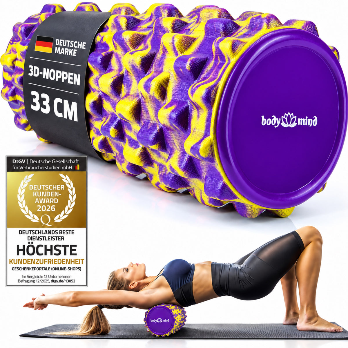Body & Mind Faszienrolle Gelb-Lila mit 3D-Noppen, Anwendungsbeispiel und Deutscher Kunden Award 2026