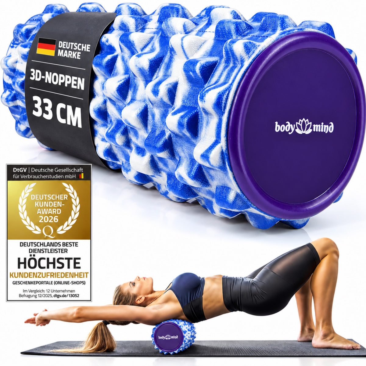 Body & Mind Faszienrolle Blau-Weiß mit violetter Endkappe, Anwendungsbeispiel und Deutscher Kunden Award 2026