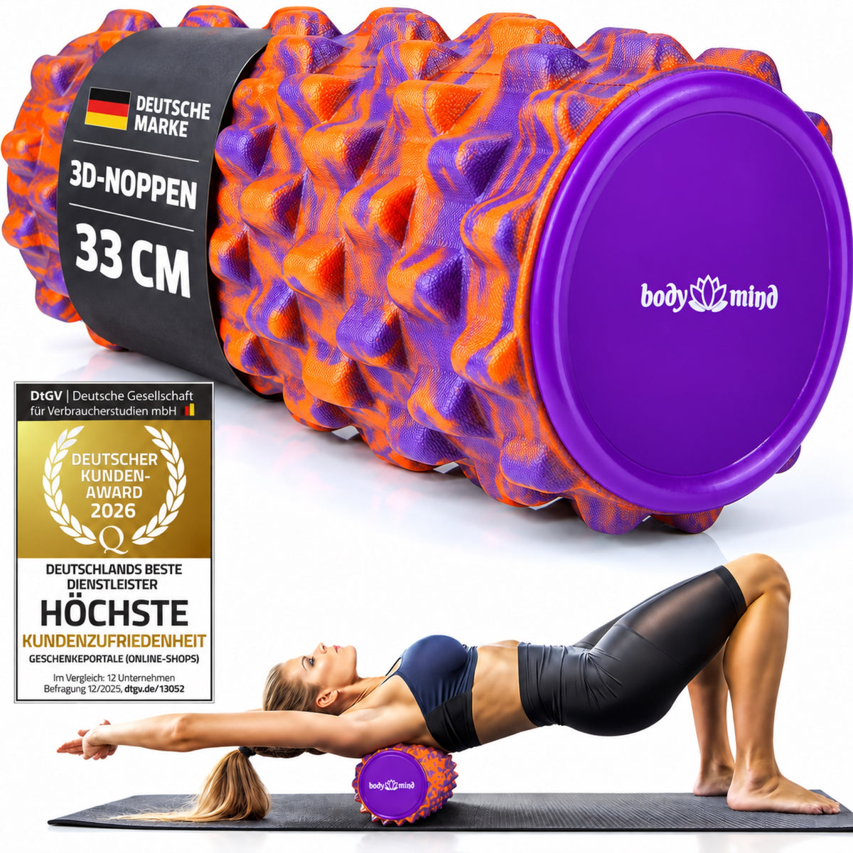 Body & Mind Faszienrolle Orange-Lila mit 3D-Noppen, Anwendungsbeispiel und Deutscher Kunden Award 2026