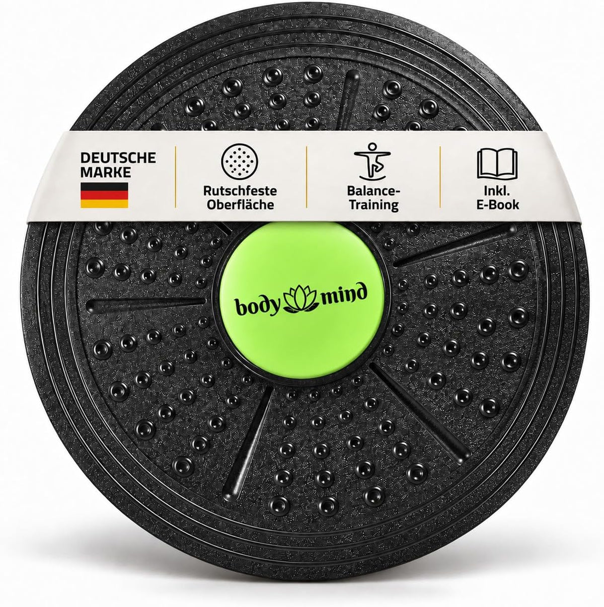 Body & Mind Balance Board Deluxe Schwarz mit integrierter Feature-Banderole, ohne Prüfengel