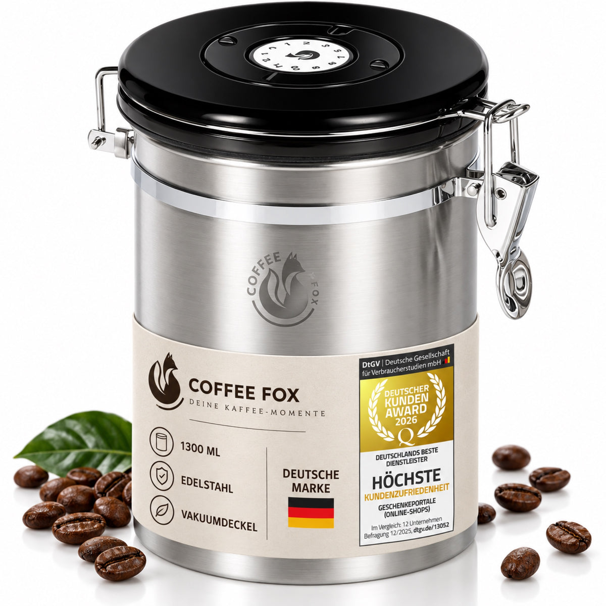Kaffeedose Edelstahl 900ml - Luftdichter Vakuum-Kaffeebehälter