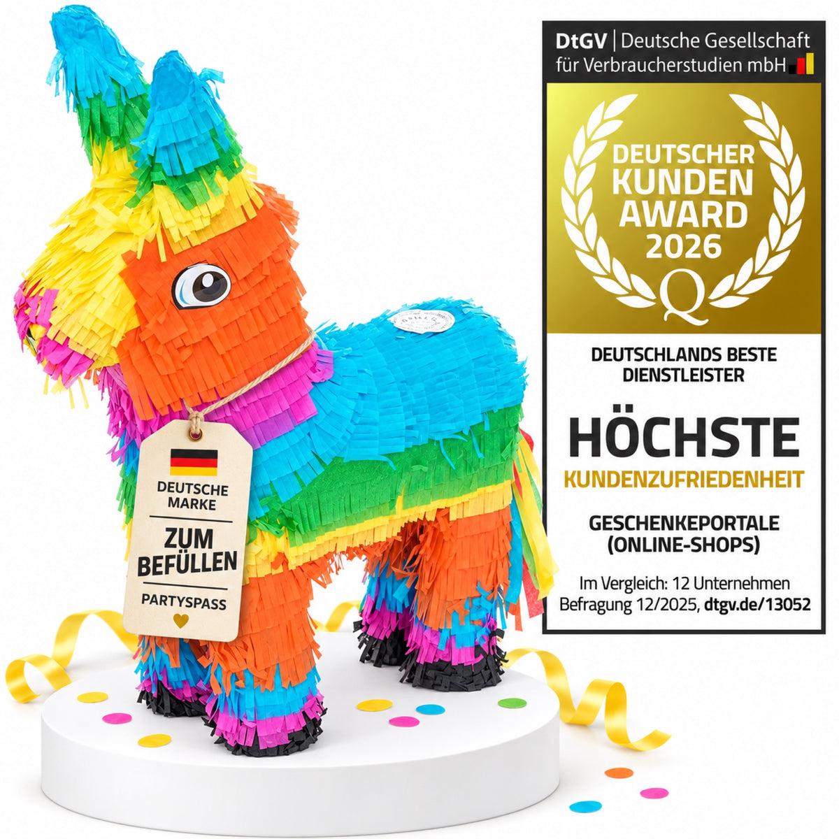 Bunte Esel-Piñata zum Befüllen mit Deutsche-Marke-Anhänger und DtGV Kunden-Award 2026