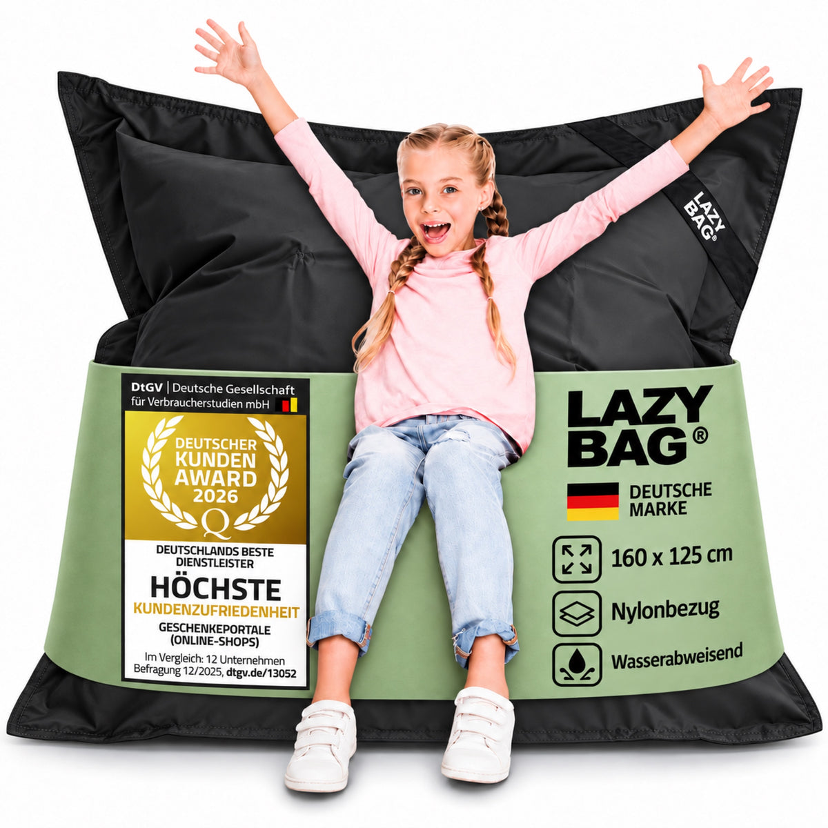 LazyBag Junior Outdoor-Nylon-Sitzsack Schwarz – 160 × 125 cm