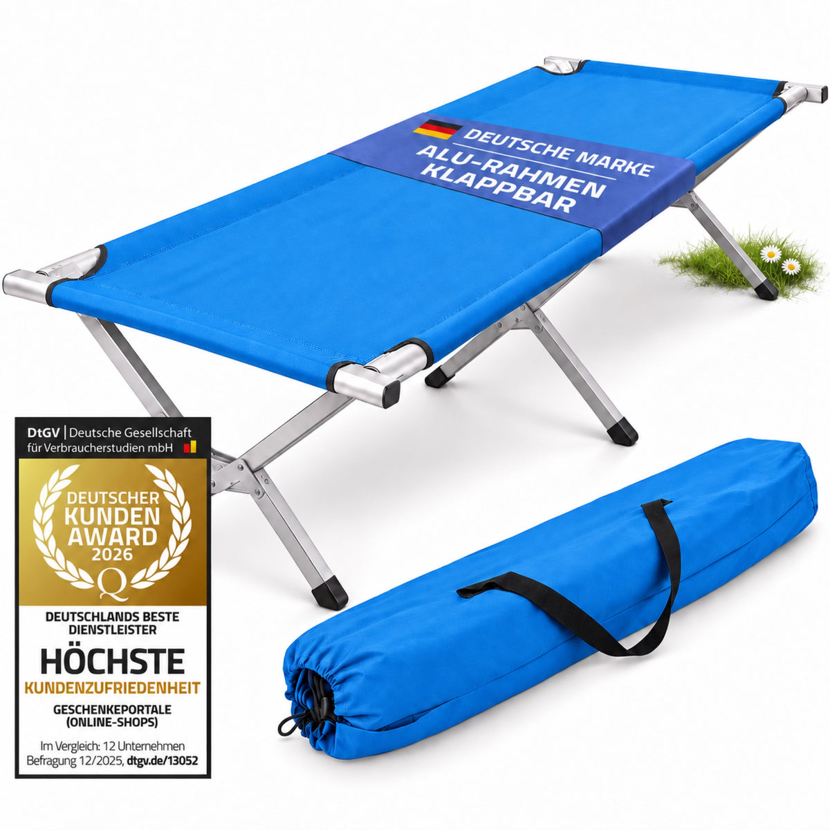 Blaues klappbares Aluminium-Feldbett mit passender blauer Tragetasche