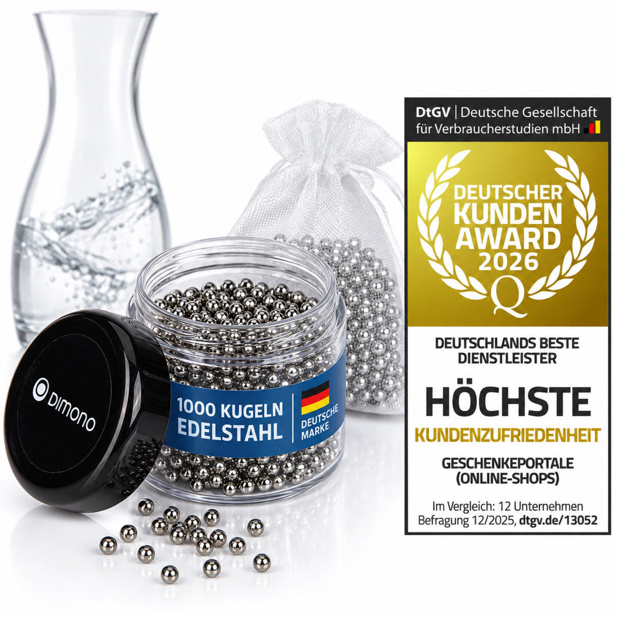 Dimono Edelstahl-Reinigungskugeln mit Aufbewahrungsdose, Netzbeutel und DtGV Kunden-Award 2026