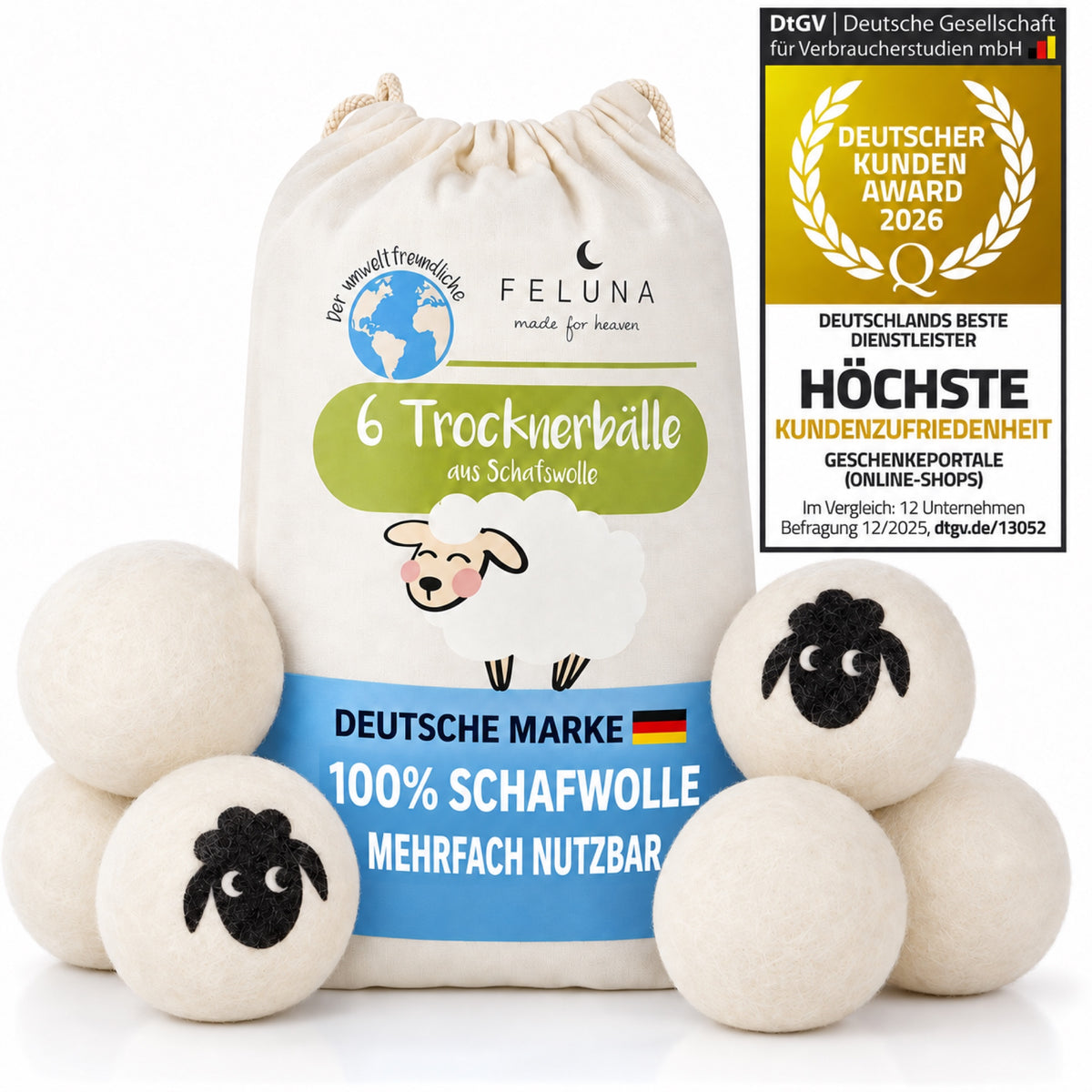 FELUNA Trocknerbälle 6er-Set mit Originalbeutel – 100 Prozent Schafwolle, mehrfach nutzbar, Deutsche Marke, DtGV Kunden Award 2026 für Online-Shop-Kundenzufriedenheit