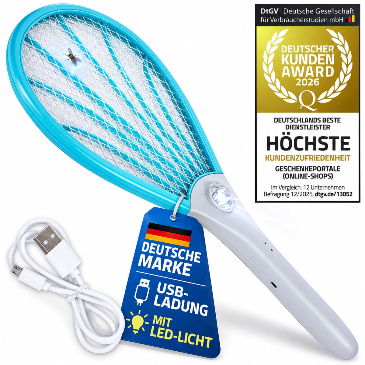 Elektrische Fliegenklatsche USB Deluxe mit Ladekabel und LED-Licht – Deutsche Marke, DtGV Kunden Award 2026 für Online-Shop-Kundenzufriedenheit