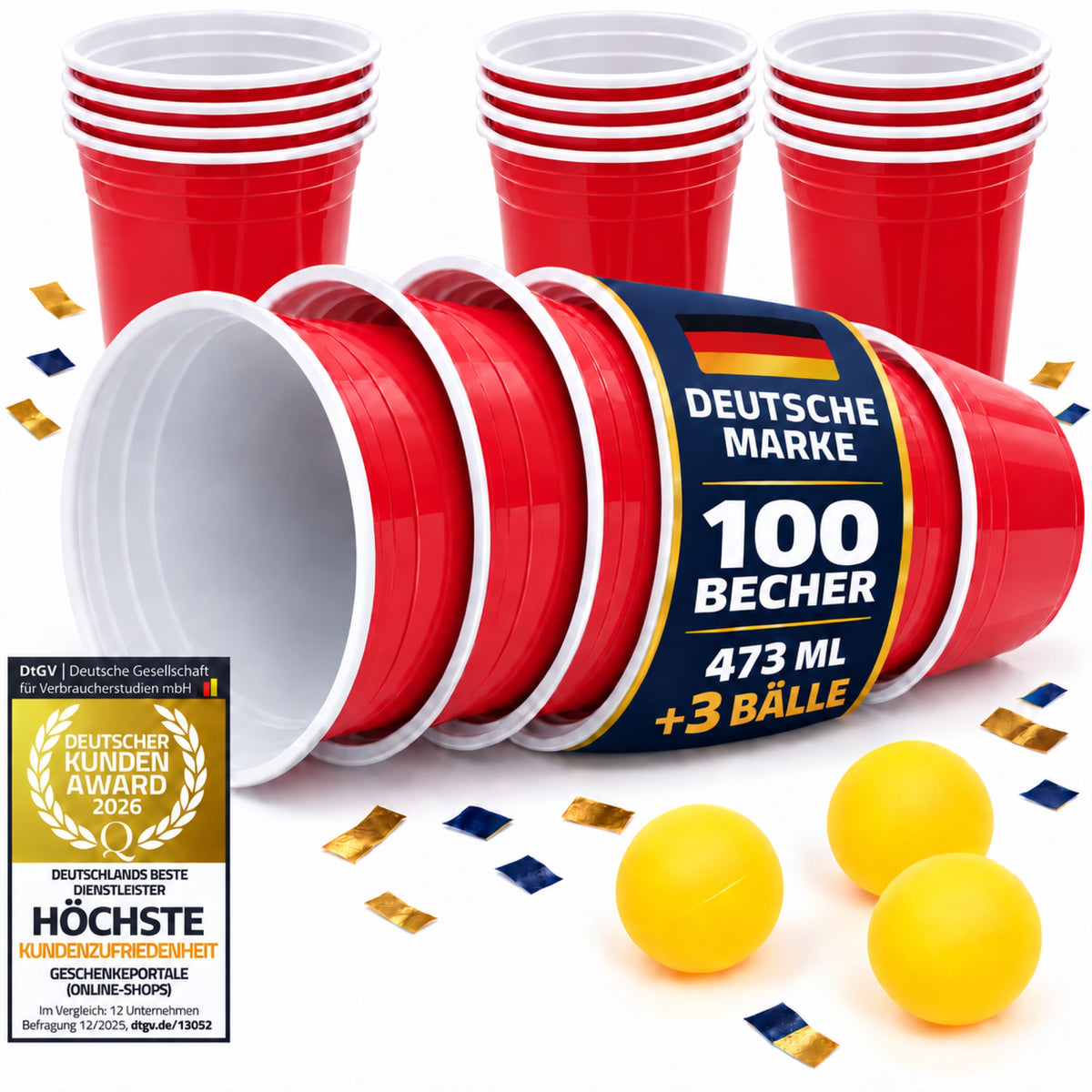 Goods+Gadgets 100 rote Partybecher 473 ml mit 3 gelben Bällen – Deutsche Marke und DtGV Kunden Award 2026