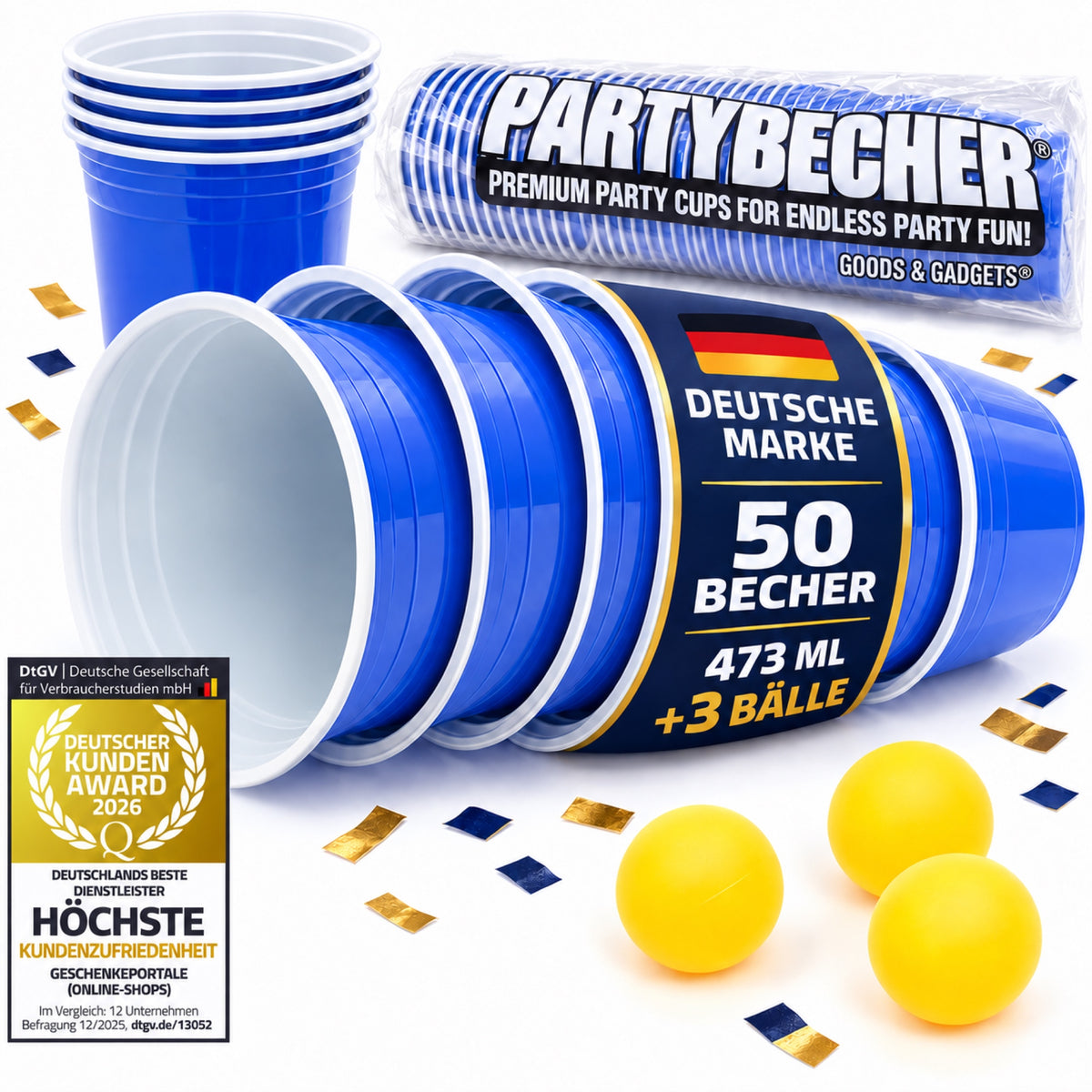 Goods+Gadgets 50 blaue Partybecher 473 ml mit 3 gelben Bällen – Deutsche Marke und DtGV Kunden Award 2026
