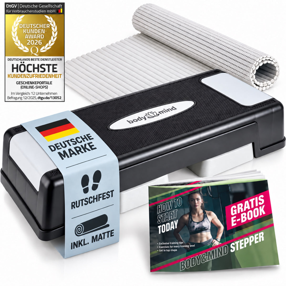 body&mind Stepper Elite Deluxe mit hellgrauer Matte und Gratis-E-Book – Deutsche Marke, rutschfest