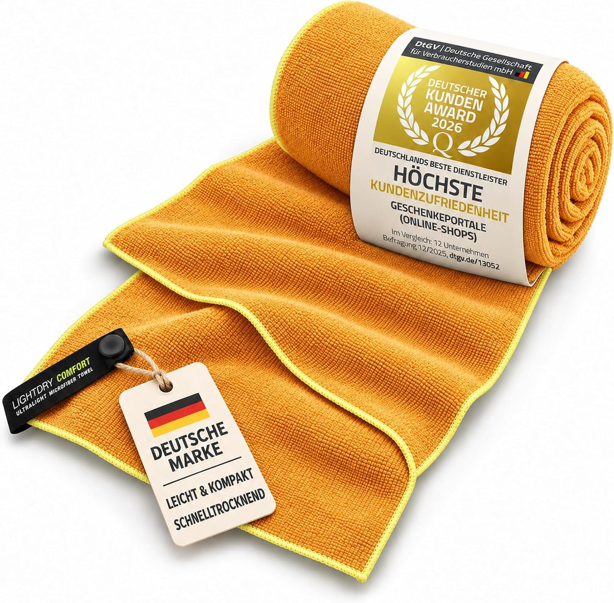 Mikrofaser-Reisehandtuch Orange Größe S 60x30 cm – DtGV Kundenzufriedenheit und Deutsche Marke, ohne Prüfengel