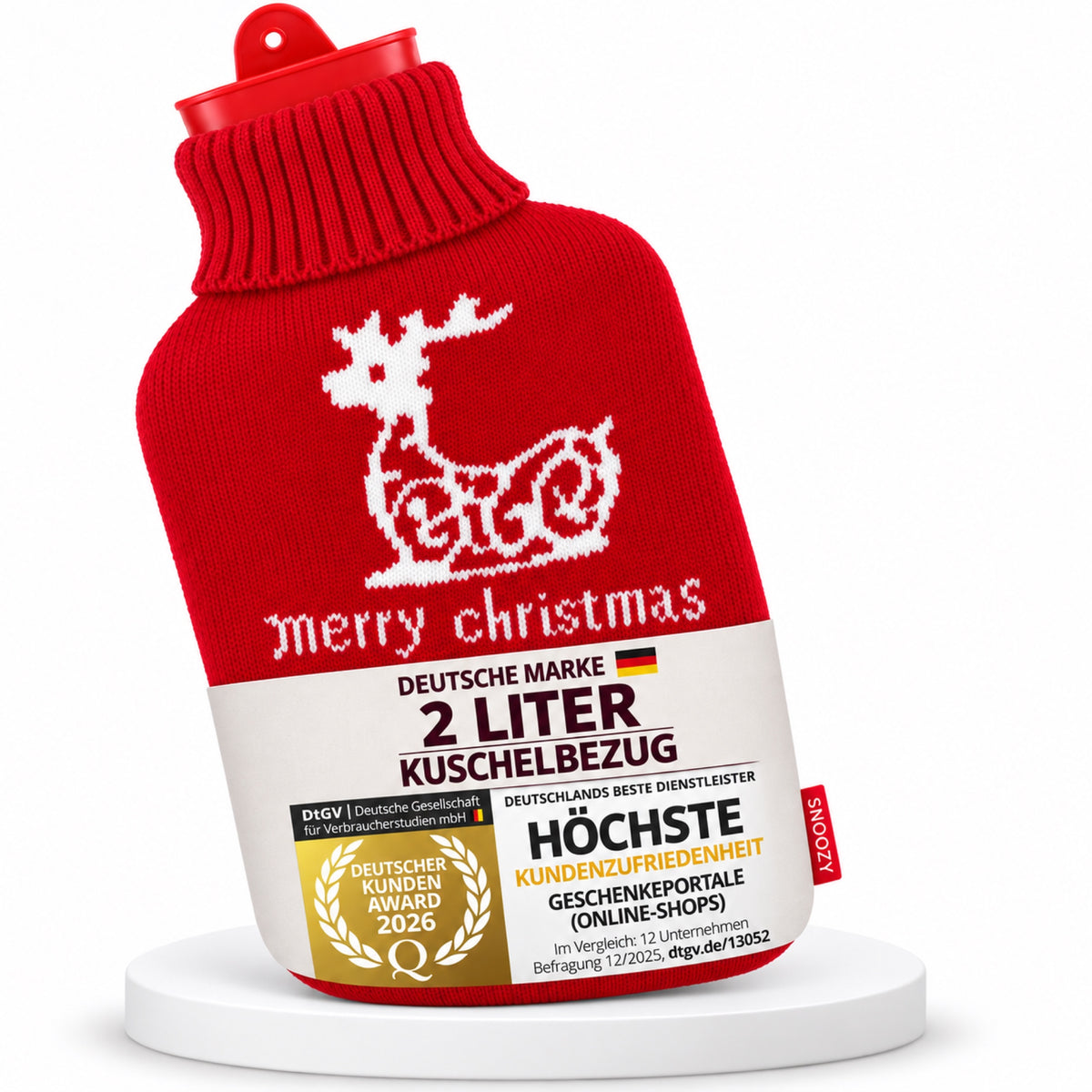 SNOOZY Wärmflasche mit rotem Merry-Christmas-Strickbezug, 2 Liter