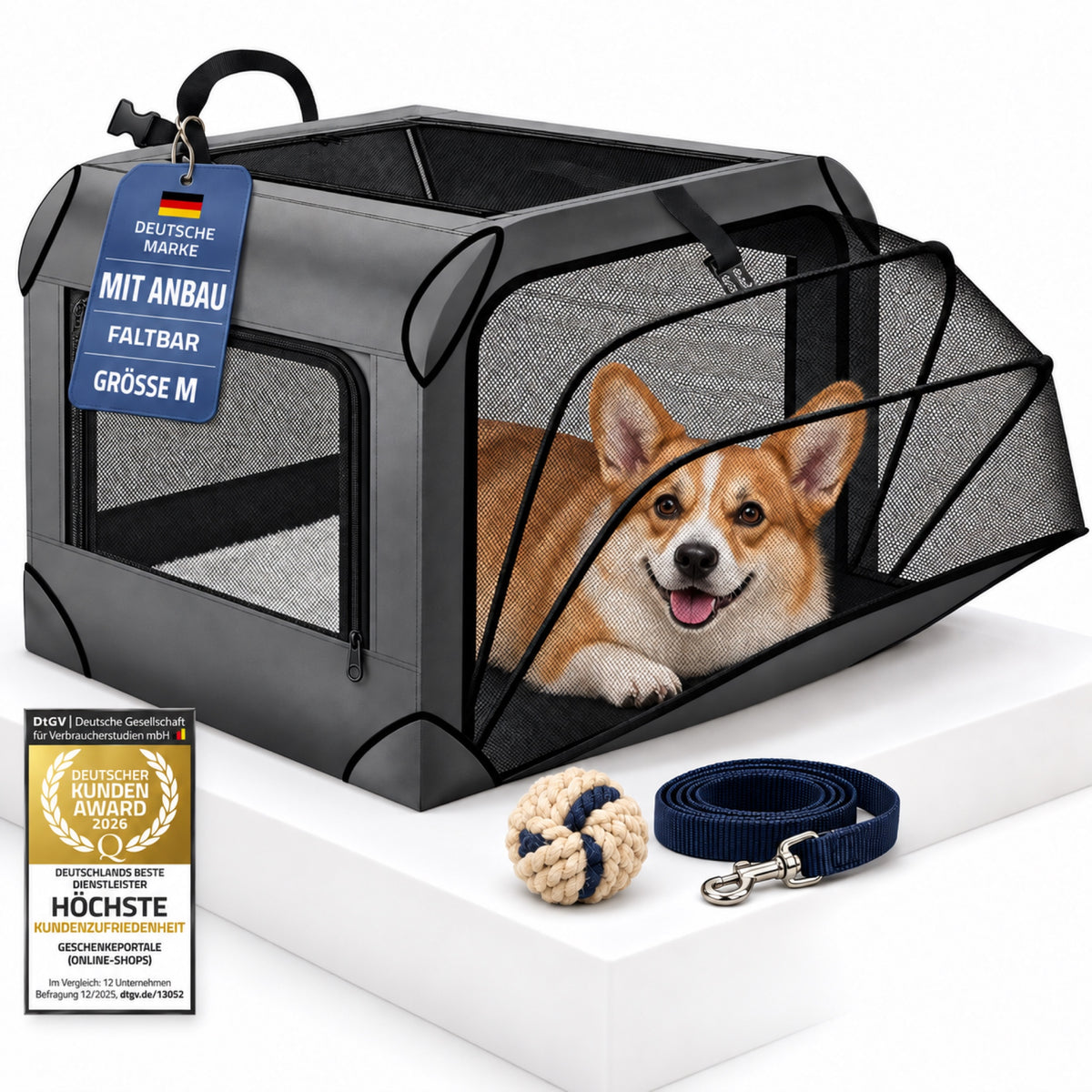 Hundetransportbox mit ausgeklapptem Mesh-Auslauf Größe M, Corgi als Nutzungsbeispiel und Kundenzufriedenheitssiegel 2026