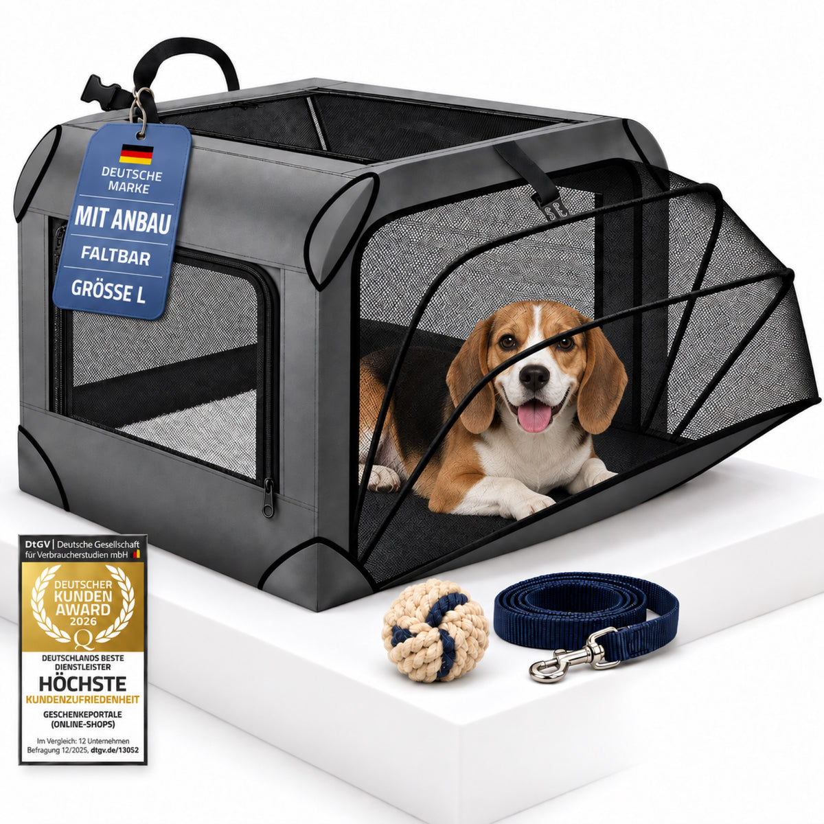 Hundetransportbox L mit Anbau, anthrazit, mit Hund in der Erweiterung, Deutsche Marke und Kundenzufriedenheit 2026