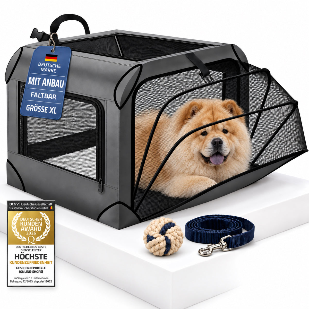 Hundetransportbox XL mit Anbau, anthrazit, mit Hund in der Erweiterung, Deutsche Marke und Kundenzufriedenheit 2026