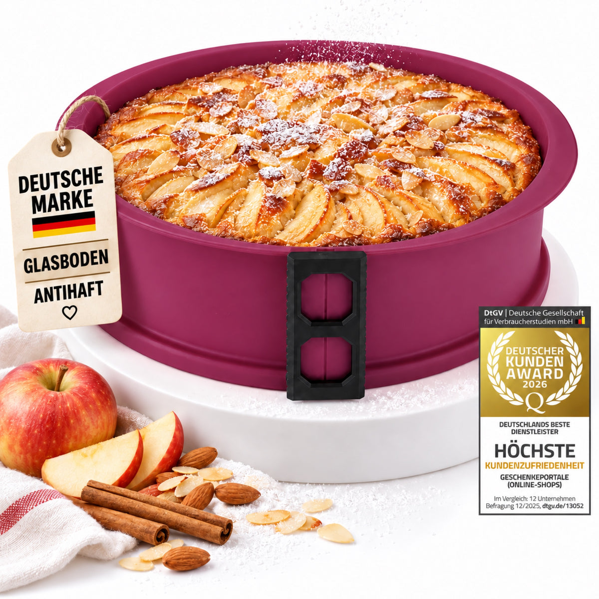 Violette Silikon-Springform mit Apfelkuchen, Glasboden, Deutsche Marke und Deutscher Kunden Award 2026