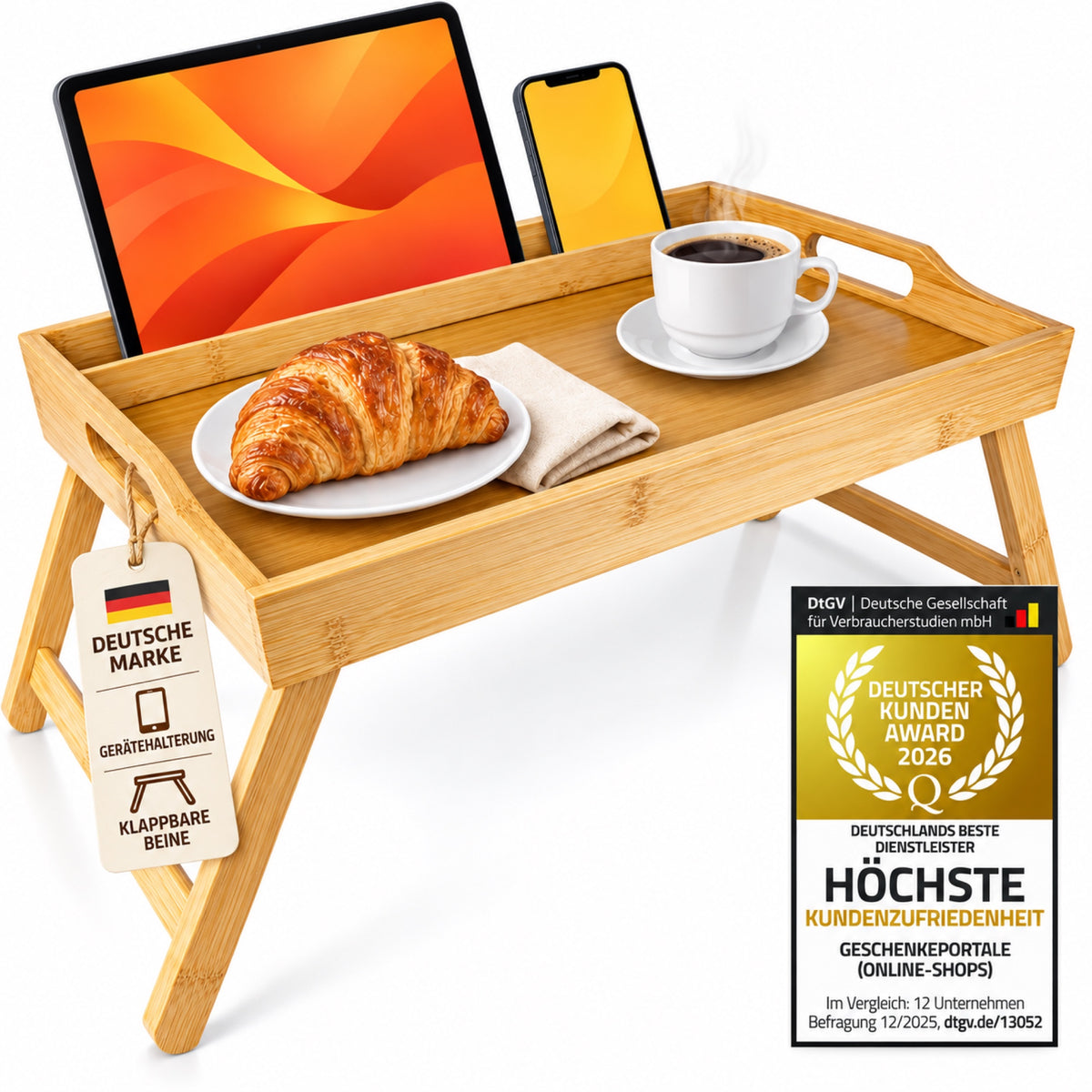 Deluxe Bambus-Frühstückstablett mit Gerätehalterung – Deutsche Marke mit Anhänger und separatem Kunden Award 2026