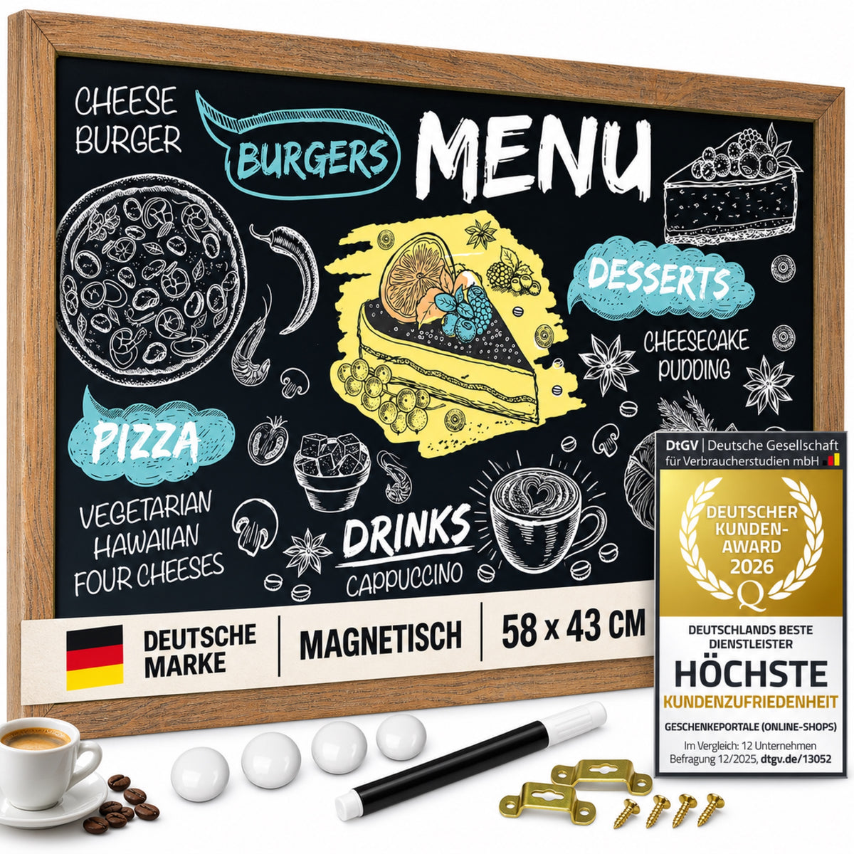 Magnetische Kreidetafel XL 58 × 43 cm mit Holzrahmen und Zubehör – Deutsche Marke und DtGV Kundenzufriedenheitsauszeichnung 2026