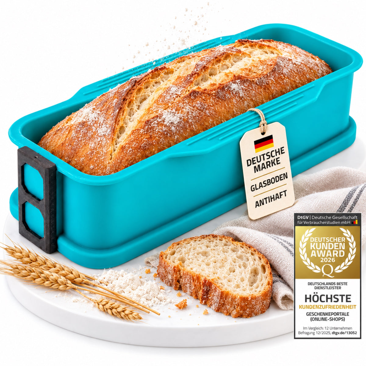 Türkisfarbene Silikon-Kastenform mit Brot, Glasboden, Deutsche Marke und Deutscher Kunden Award 2026