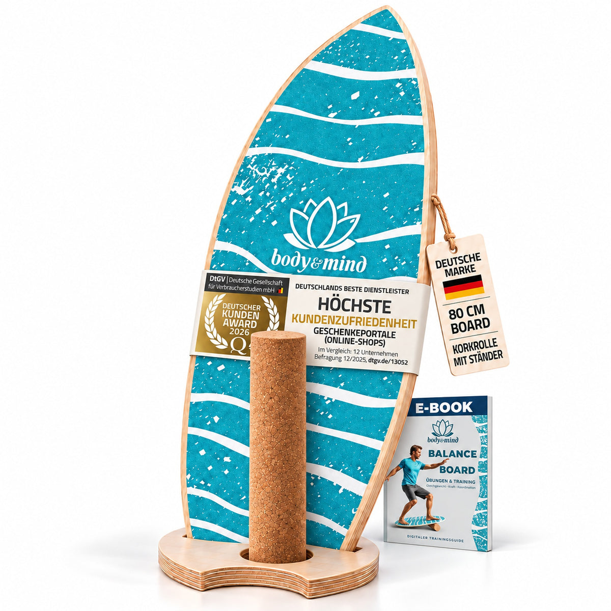 Balance-Board Surfbrett Light Waves mit Korkrolle und Ständer #Farbe_Light Waves
