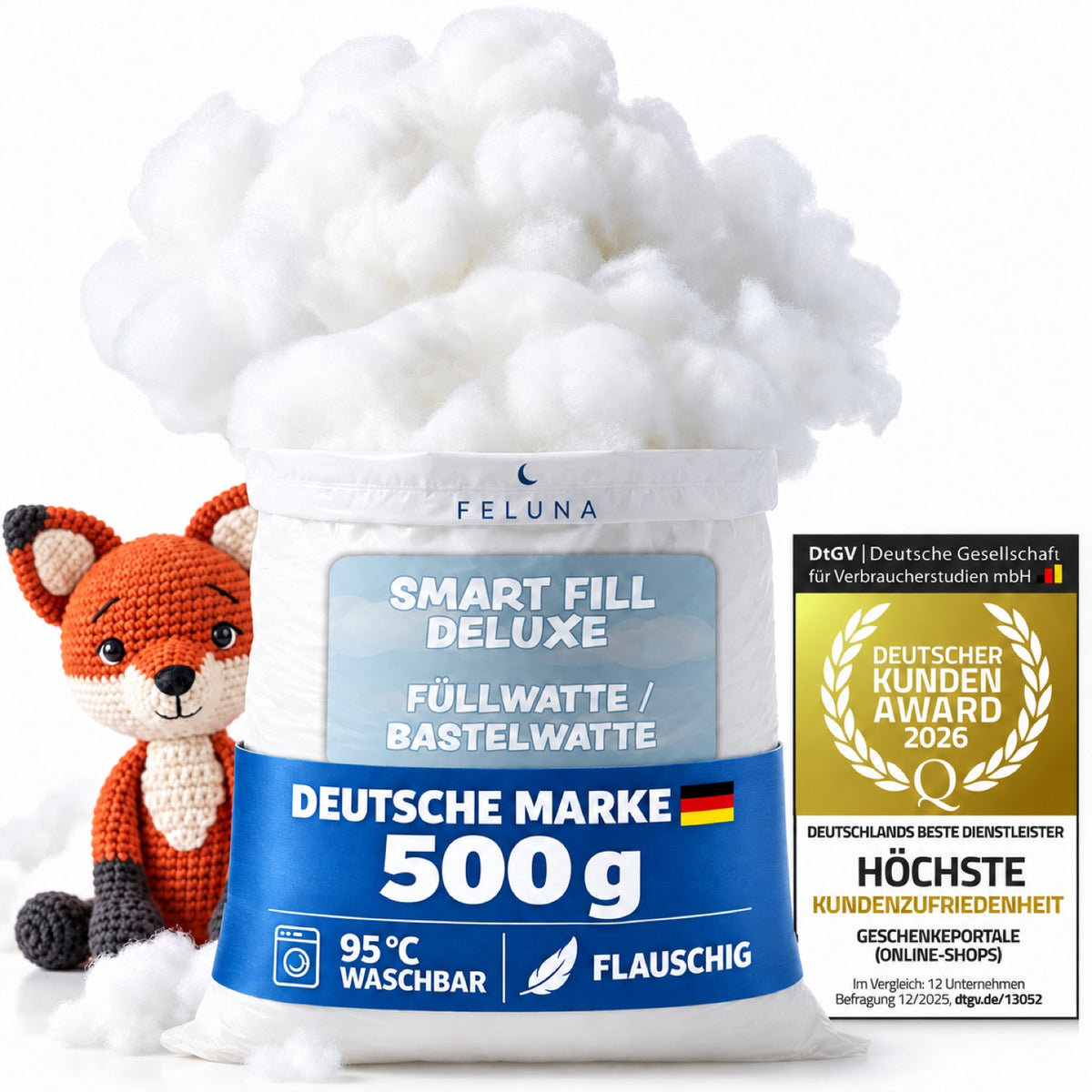 Feluna Smart Fill Deluxe Füllwatte 500 g – Deutsche Marke, 95 °C waschbar, flauschig