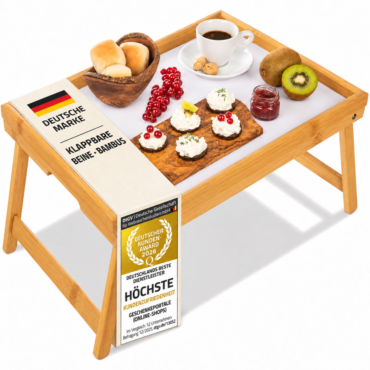 Bambus-Frühstückstablett mit klappbaren Beinen – gerade linke Banderole mit Deutsche Marke und Kunden Award 2026
