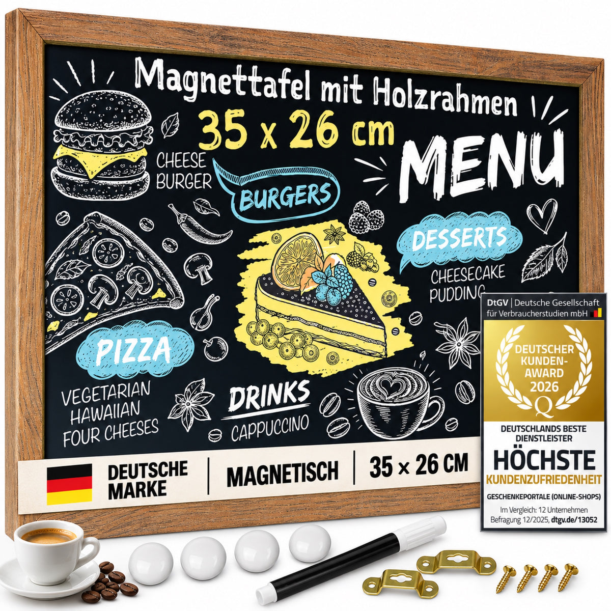 Magnetische Kreidetafel mit Holzrahmen 35 x 26 cm, Zubehör und Deutscher Kunden Award 2026