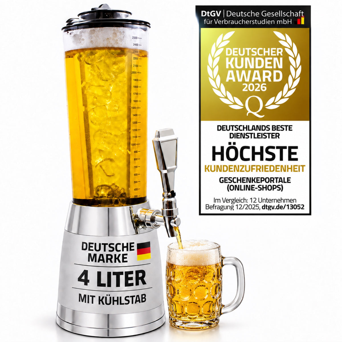 GOODS+GADGETS Biertower 4 Liter mit Kühlstab in Chromoptik