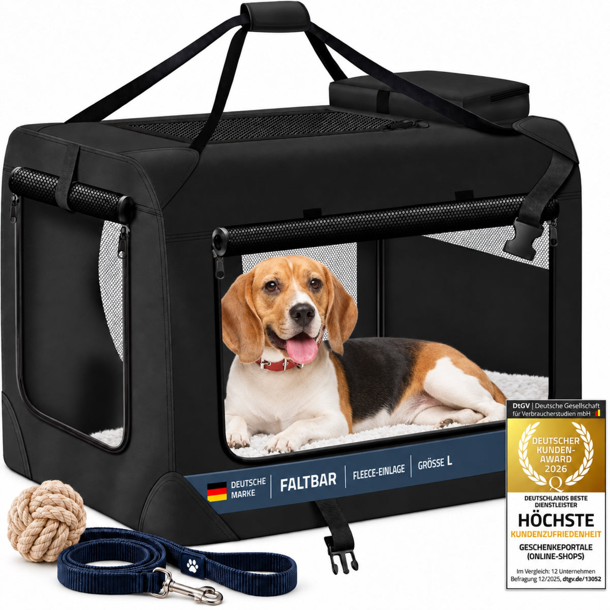 Faltbare schwarze Hundetransportbox Größe L mit Fleece-Einlage, Beagle als Nutzungsbeispiel und Kundenzufriedenheitssiegel 2026