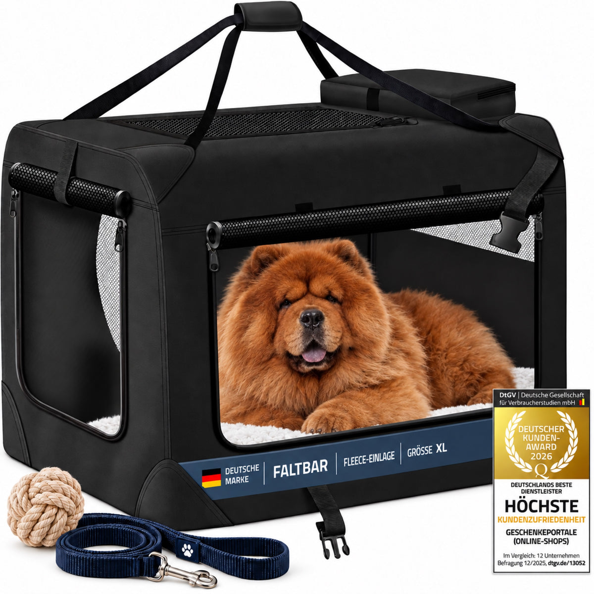 Faltbare schwarze Hundetransportbox Größe XL mit Fleece-Einlage, Chow-Chow als Nutzungsbeispiel und Kundenzufriedenheitssiegel 2026