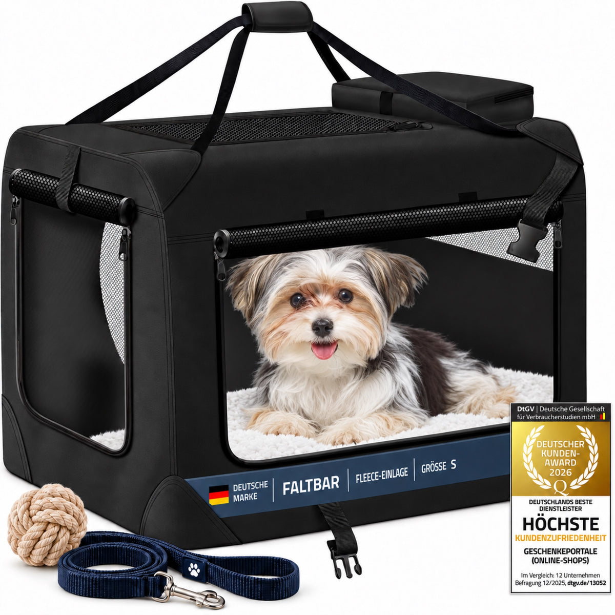 Faltbare schwarze Hundetransportbox Größe S mit Fleece-Einlage, kleinem Hund als Nutzungsbeispiel und Kundenzufriedenheitssiegel 2026