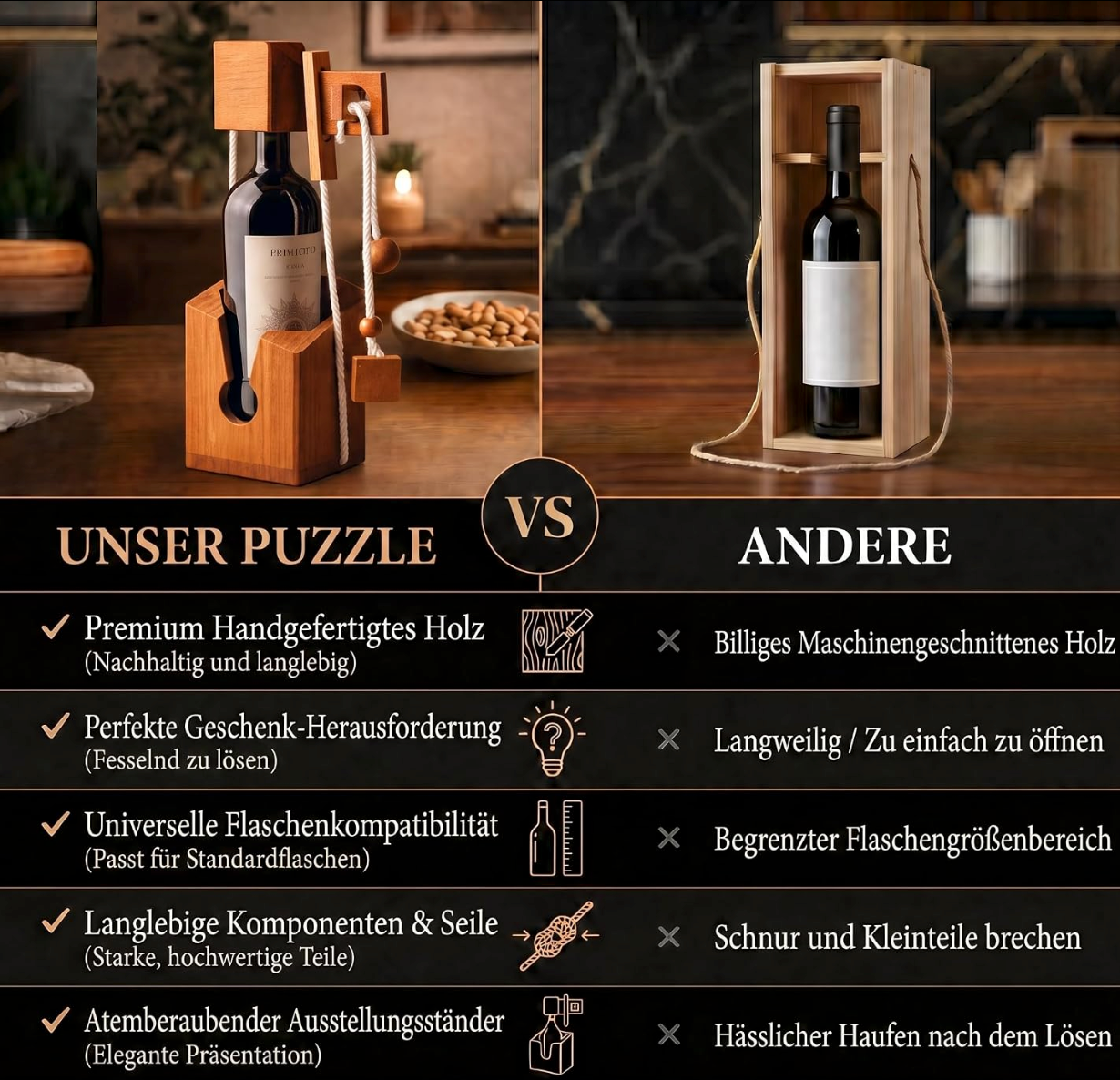 Flaschenpuzzle Holz - Flaschen-Tresor Geduldsspiel Geschenk