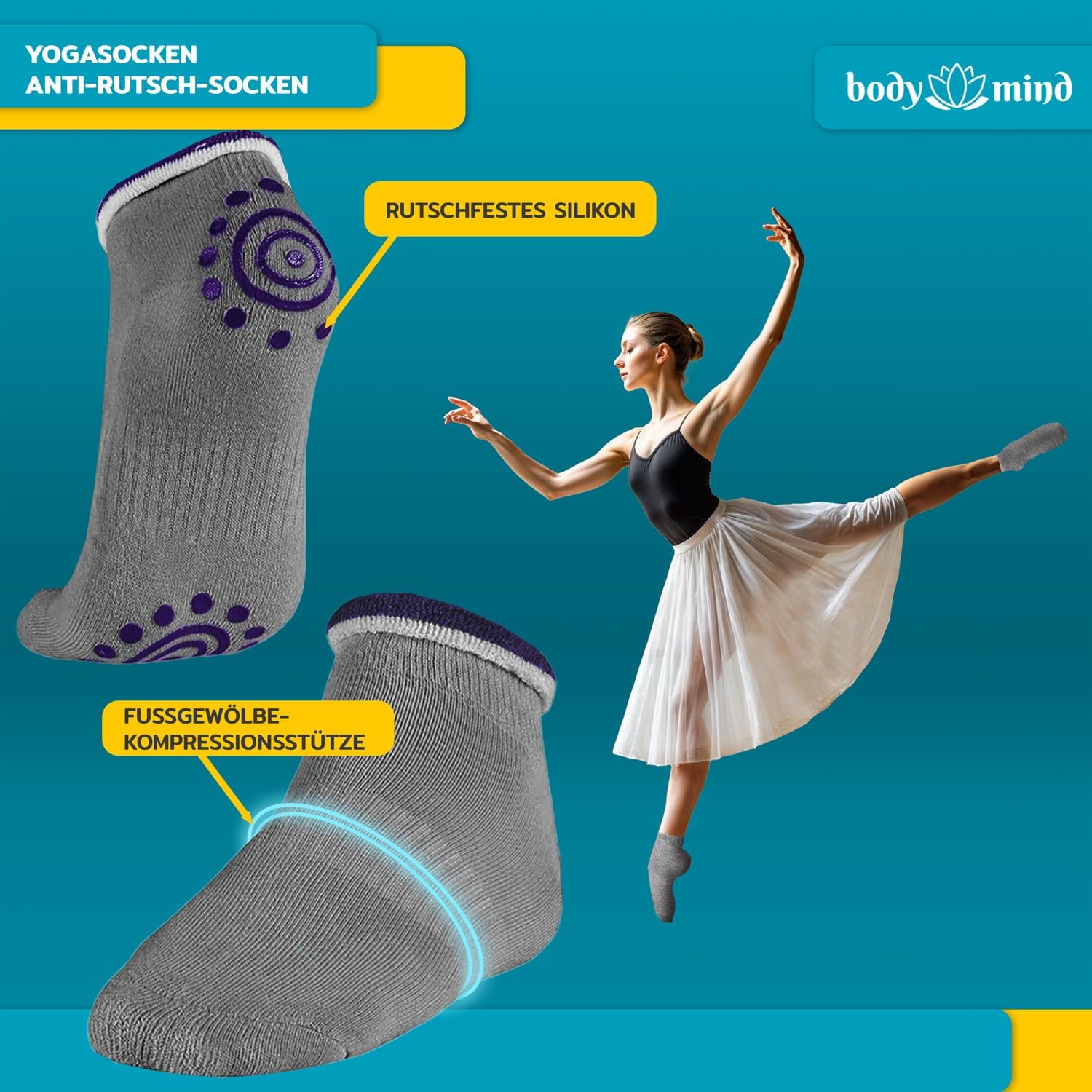 Yoga Socken 4er Pack - Rutschfeste Stoppersocken für Yoga & Pilates