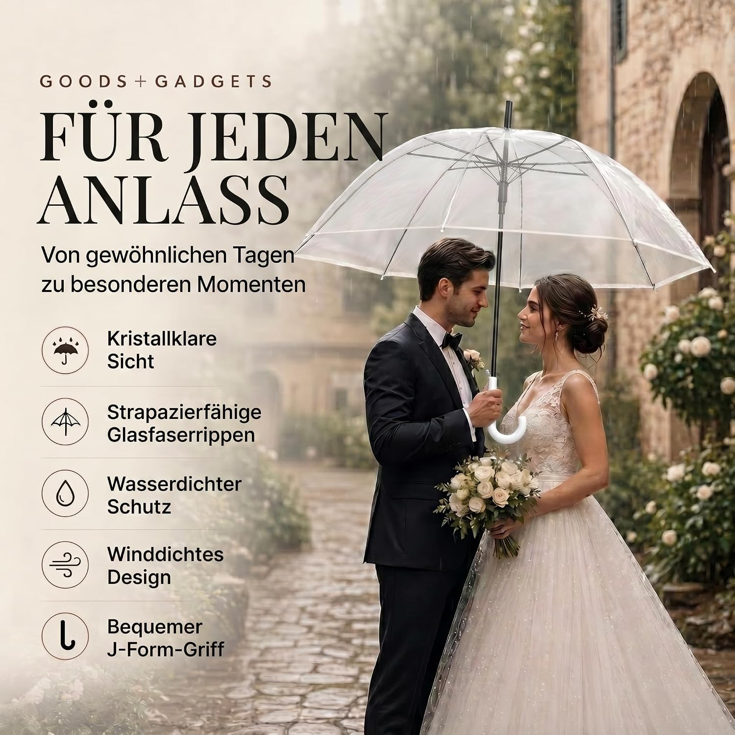 Transparenter Regenschirm 100cm - Durchsichtiger Stockschirm Elegant