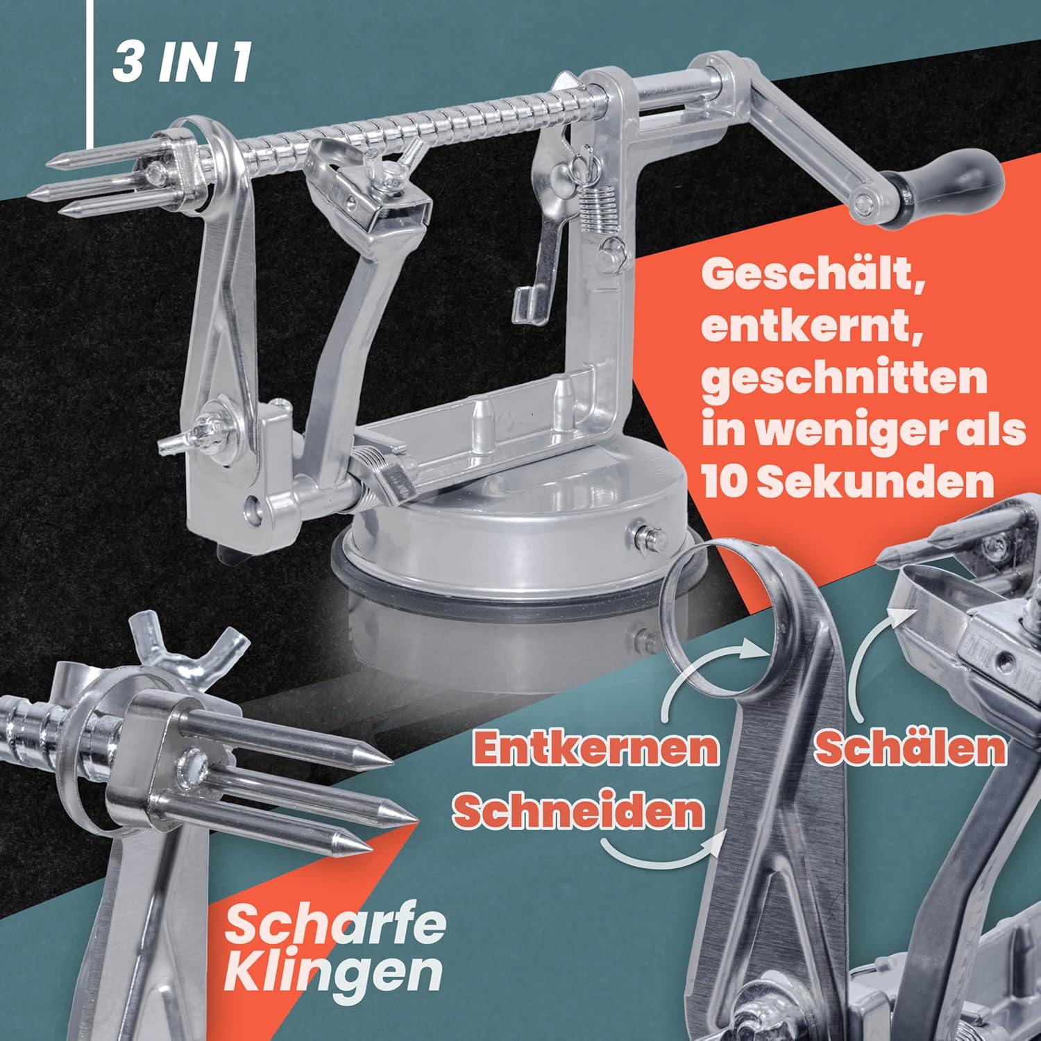 3-in-1 Apfelschäler Edelstahl - Manuelle Kurbel-Schälmaschine