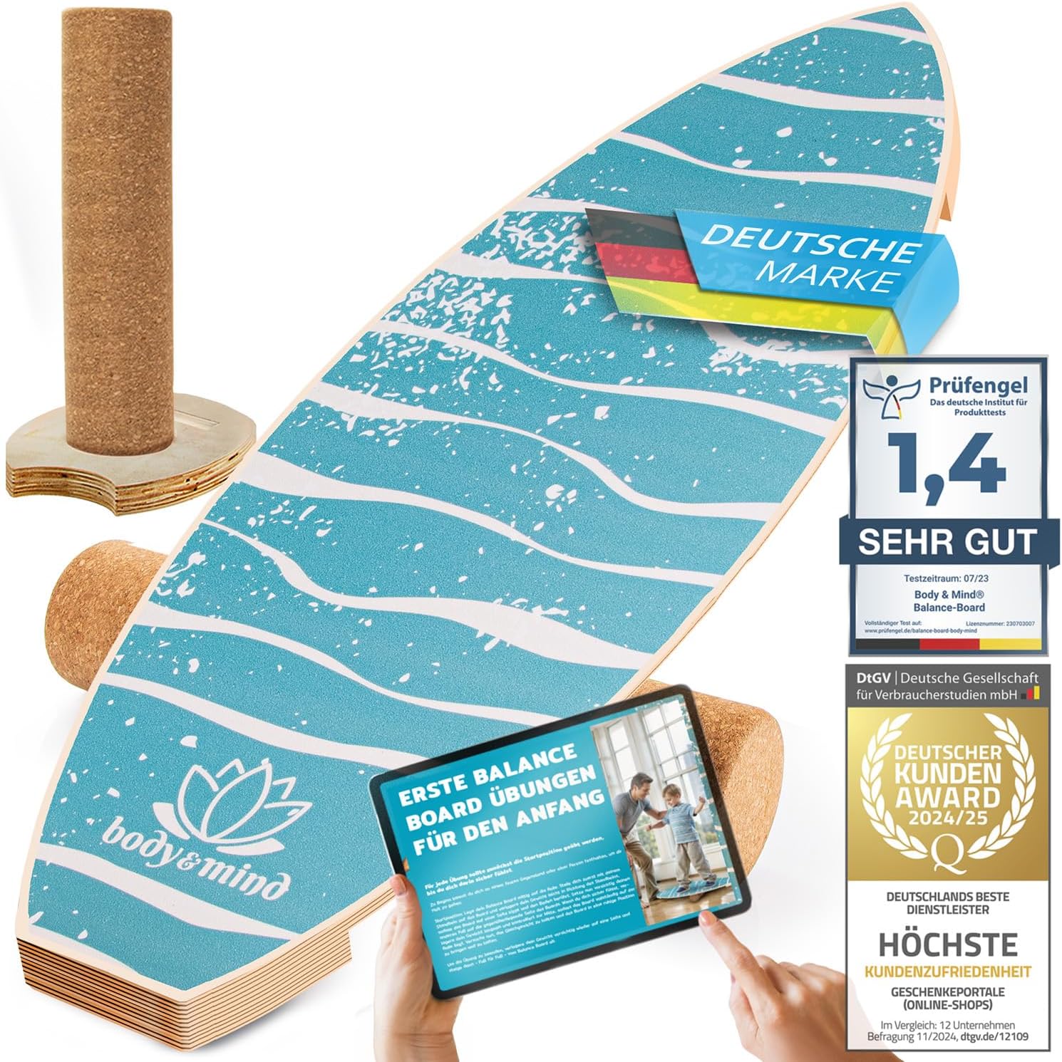 Balance-Board Surfbrett mit Korkrolle & Ständer – Fitness Board 80 cm