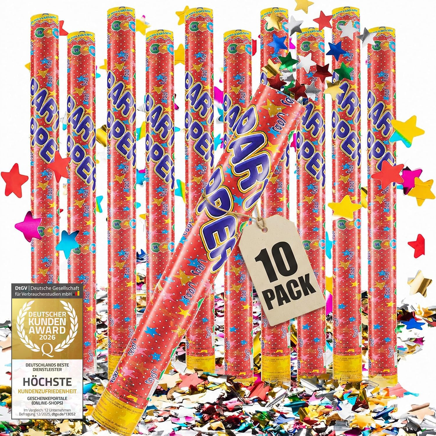 10x Konfettikanone XXL 100 cm – Bunte Sterne Party Popper