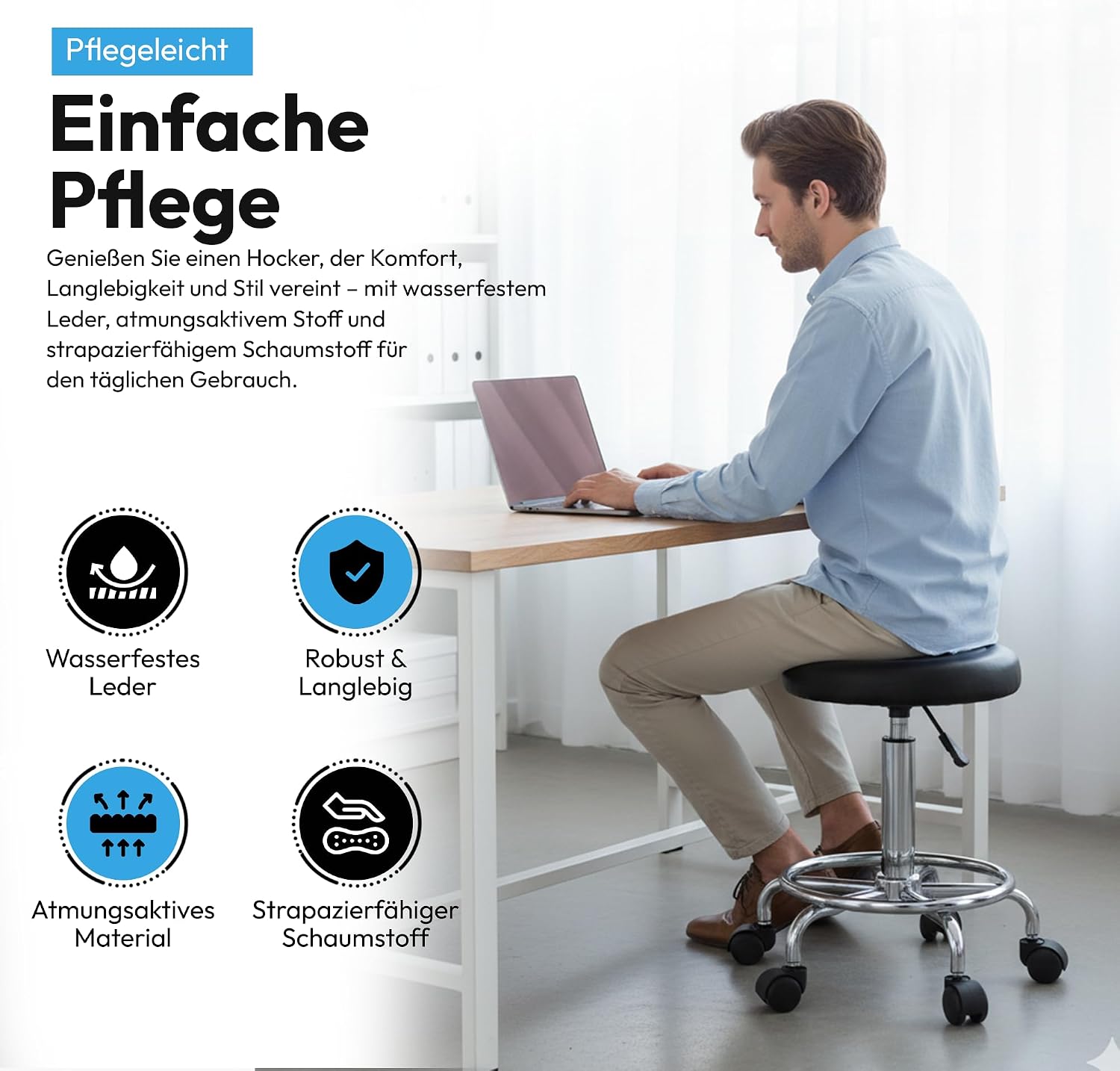 Ergonomischer Rollhocker - Drehbarer Arbeitshocker für Büro & Praxis