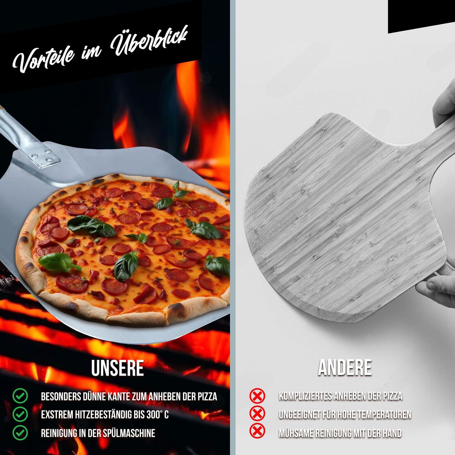 Klappbare Pizzaschaufel mit Holzgriff & Aluminium-Schaufel