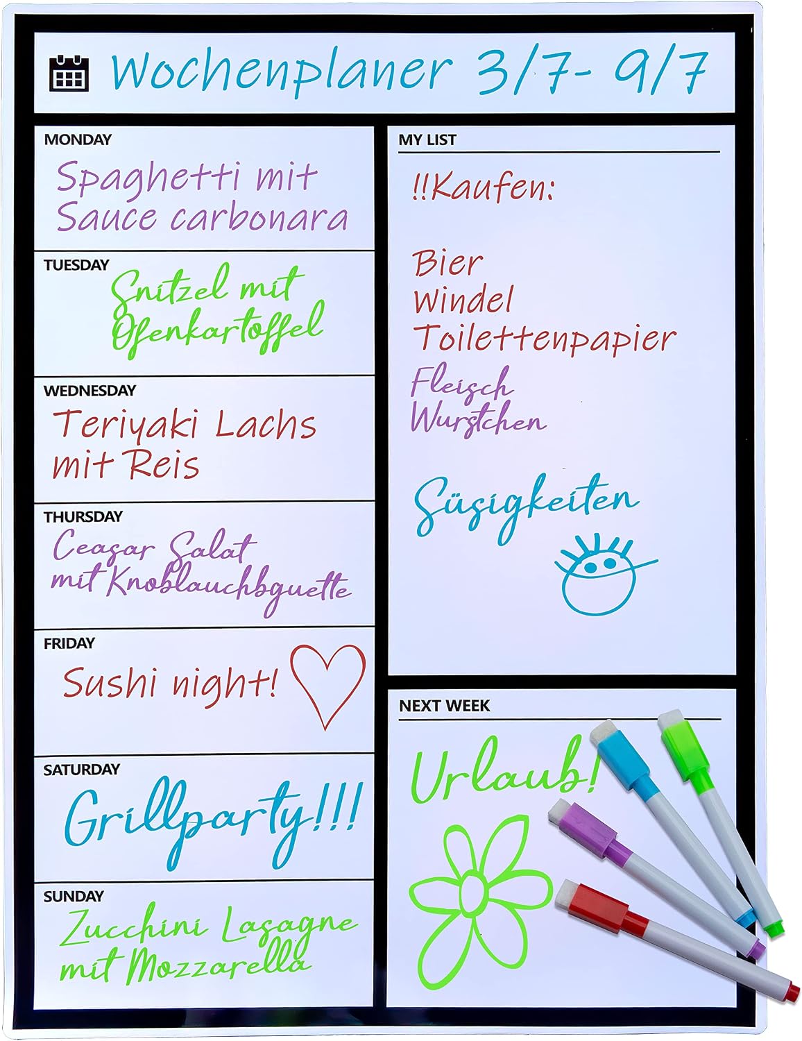 Magnetischer Wochenplaner für Kühlschrank - Whiteboard mit 4 Stiften