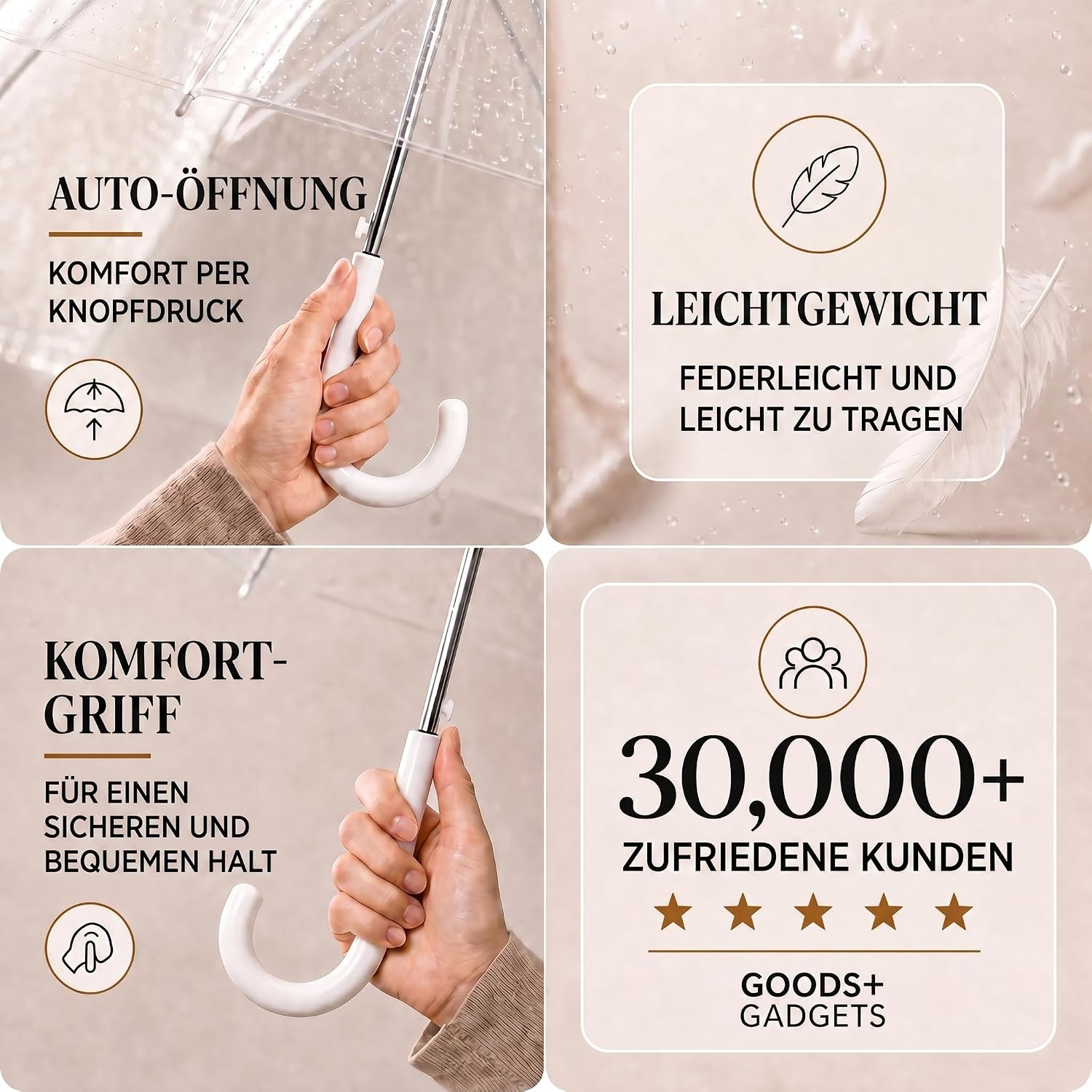 Transparenter Regenschirm 100cm - Durchsichtiger Stockschirm Elegant