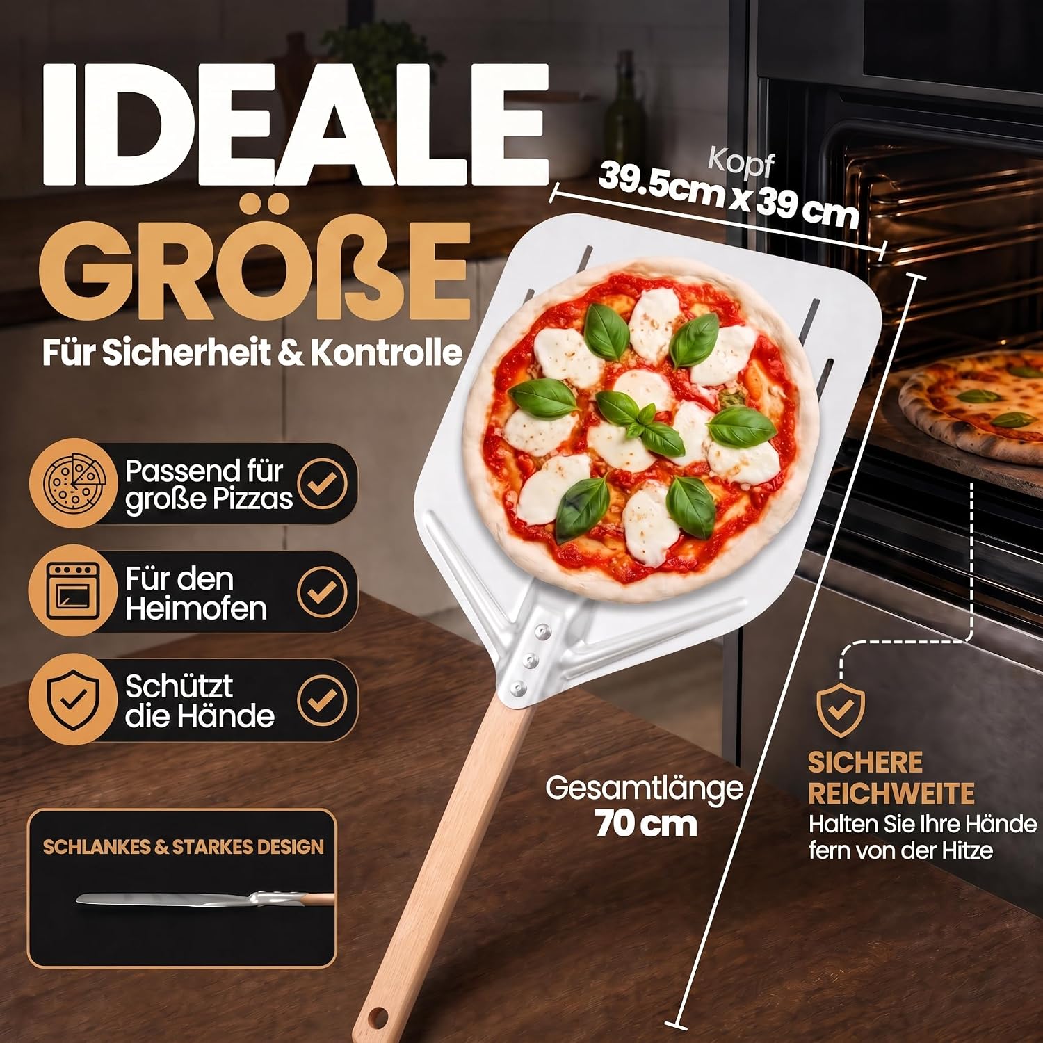 Klappbare Pizzaschaufel mit Holzgriff & Aluminium-Schaufel