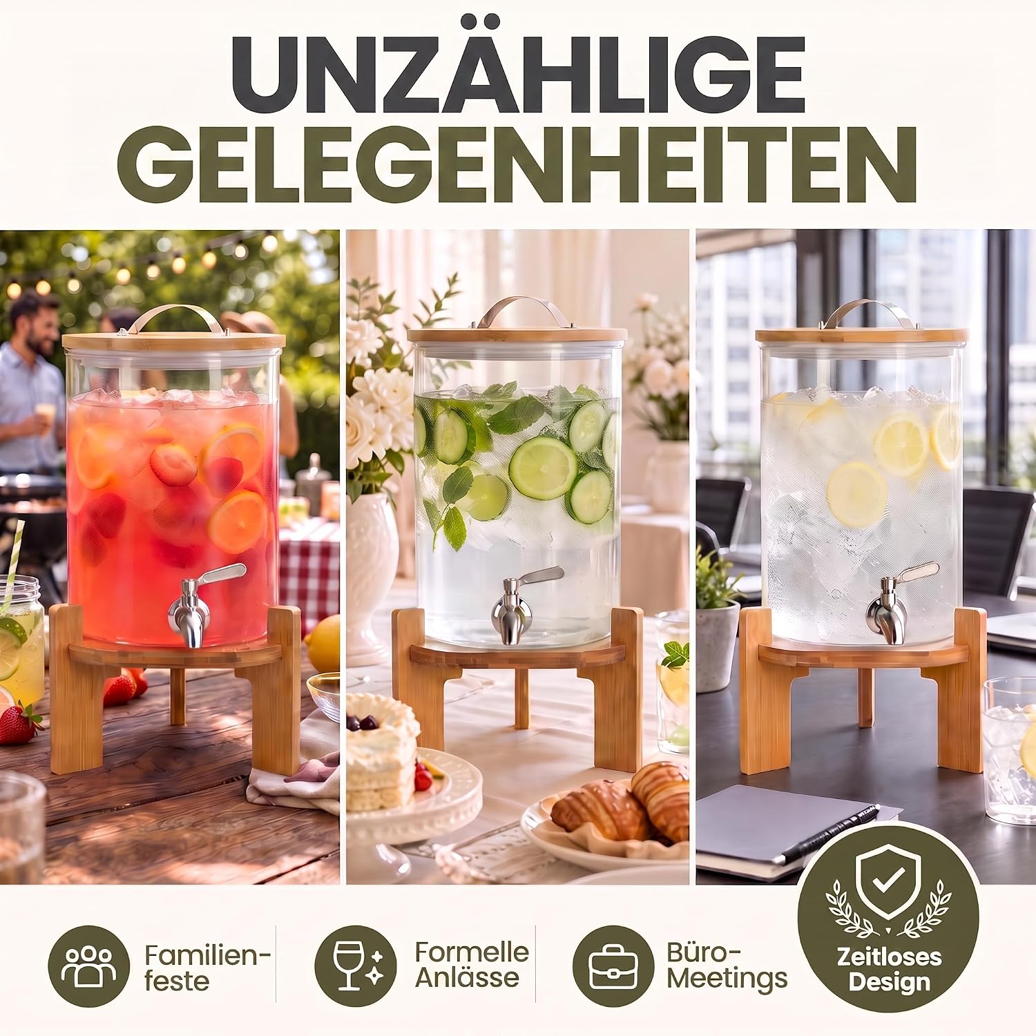 Designer Getränkespender mit Zapfhahn & Bambusgestell 5L & 8L