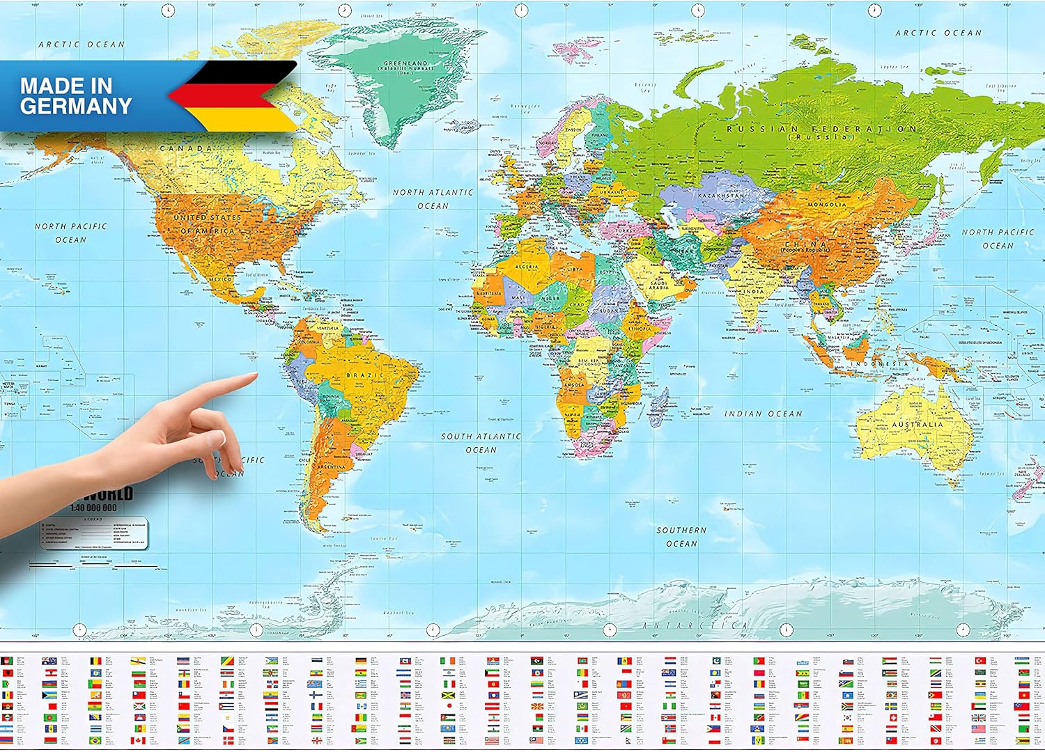 Weltkarte XXL Poster 140x100 cm – Detaillierte Landkarte mit Flaggen