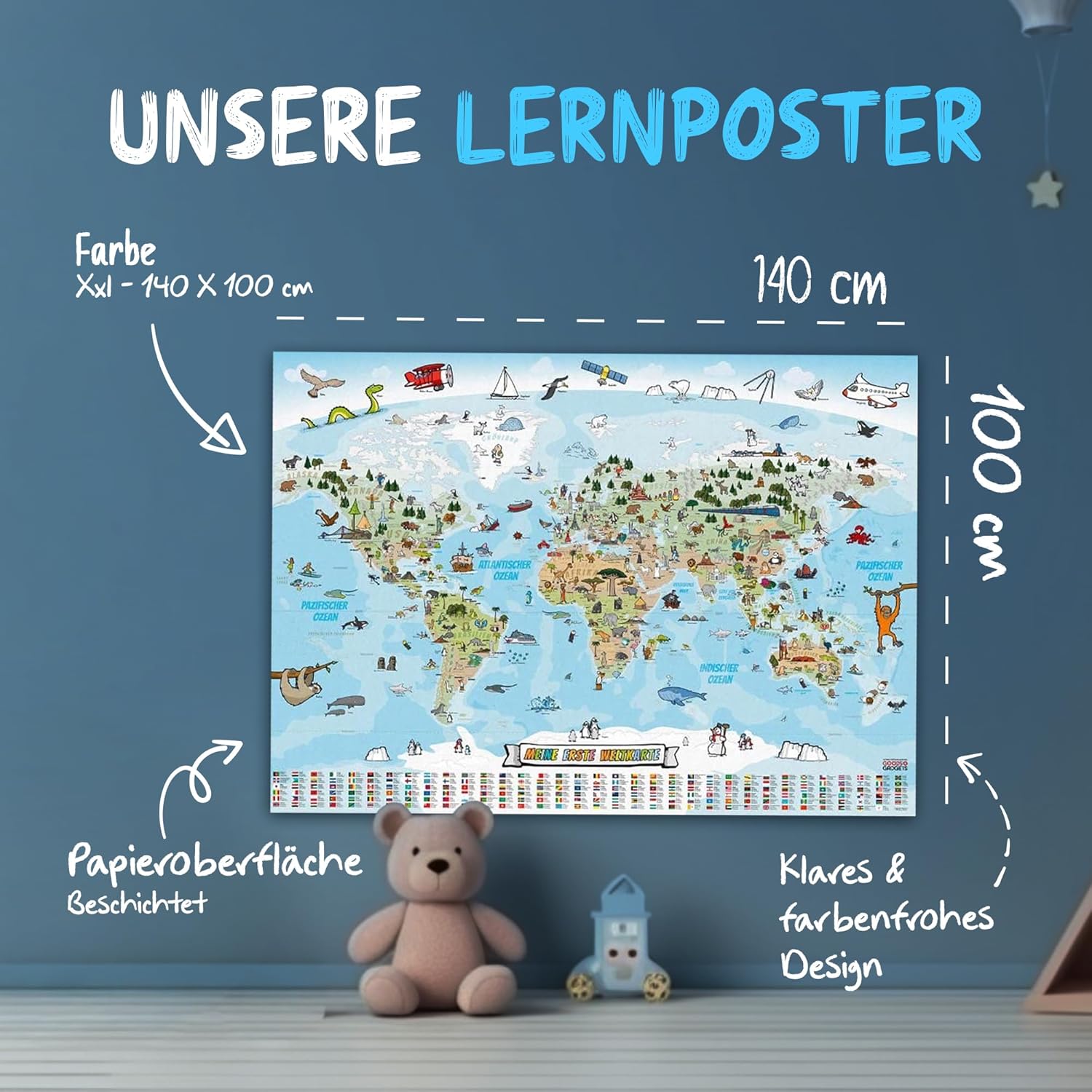 Kinder Weltkarte XXL - 140x100cm Lernposter für Kinder