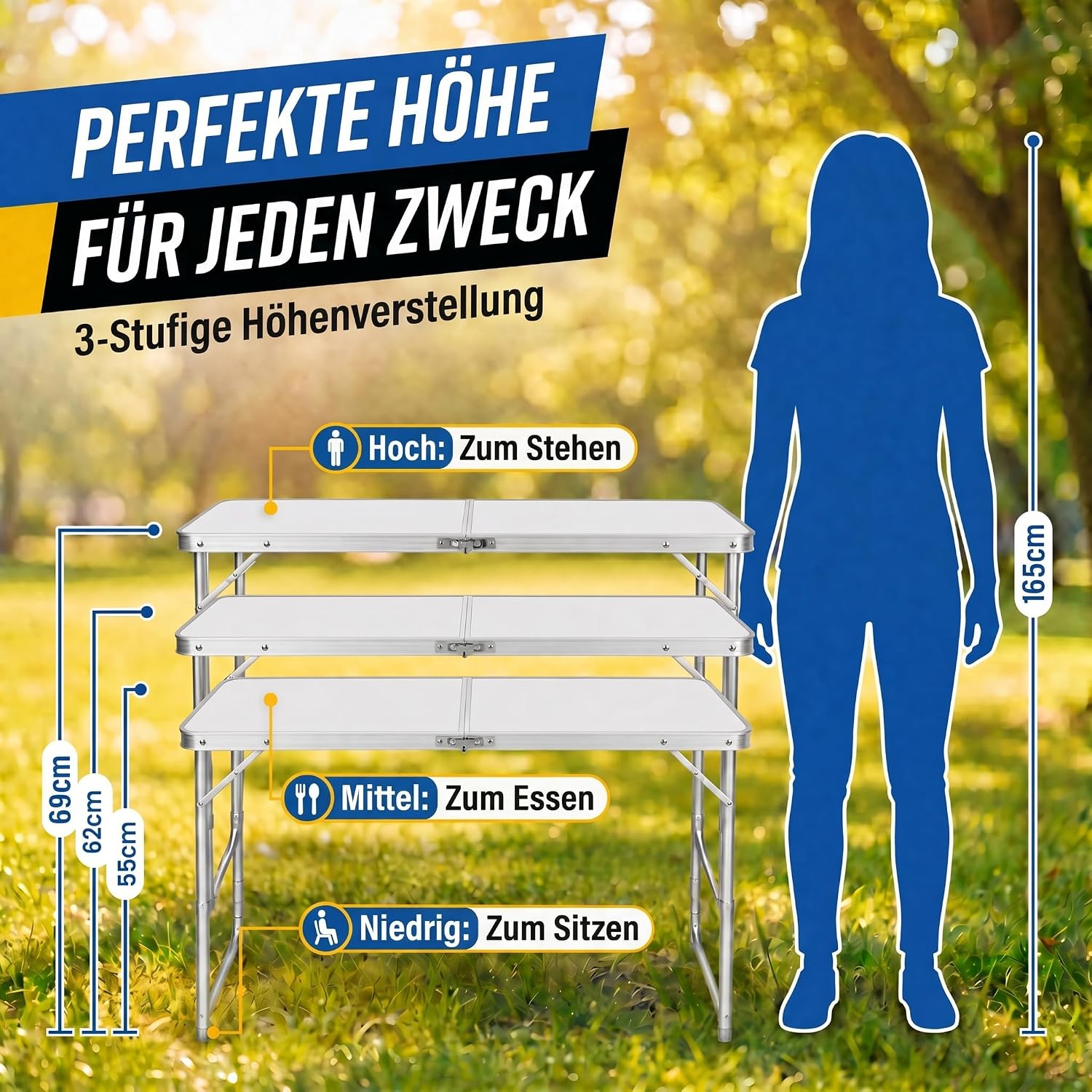 Klapptisch 120x60cm - Höhenverstellbarer Campingtisch Faltbar